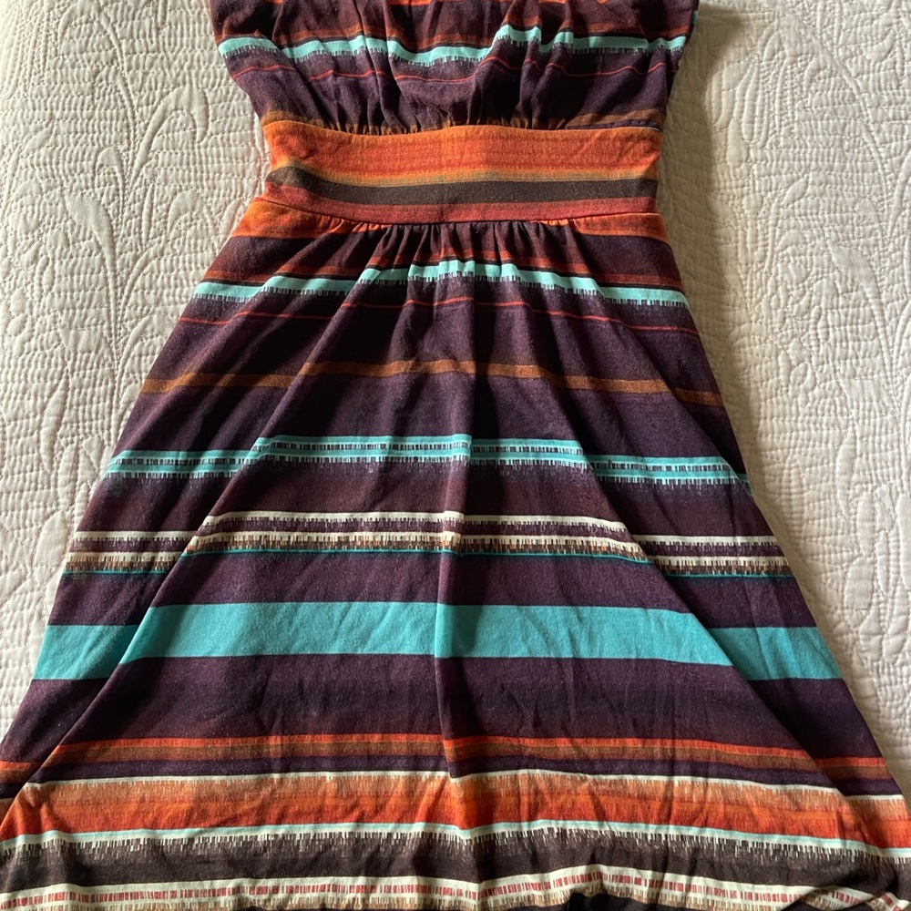American Rag Strapless Stripe Dress in Teal, Orange, and Plum - Picture 2 of 5